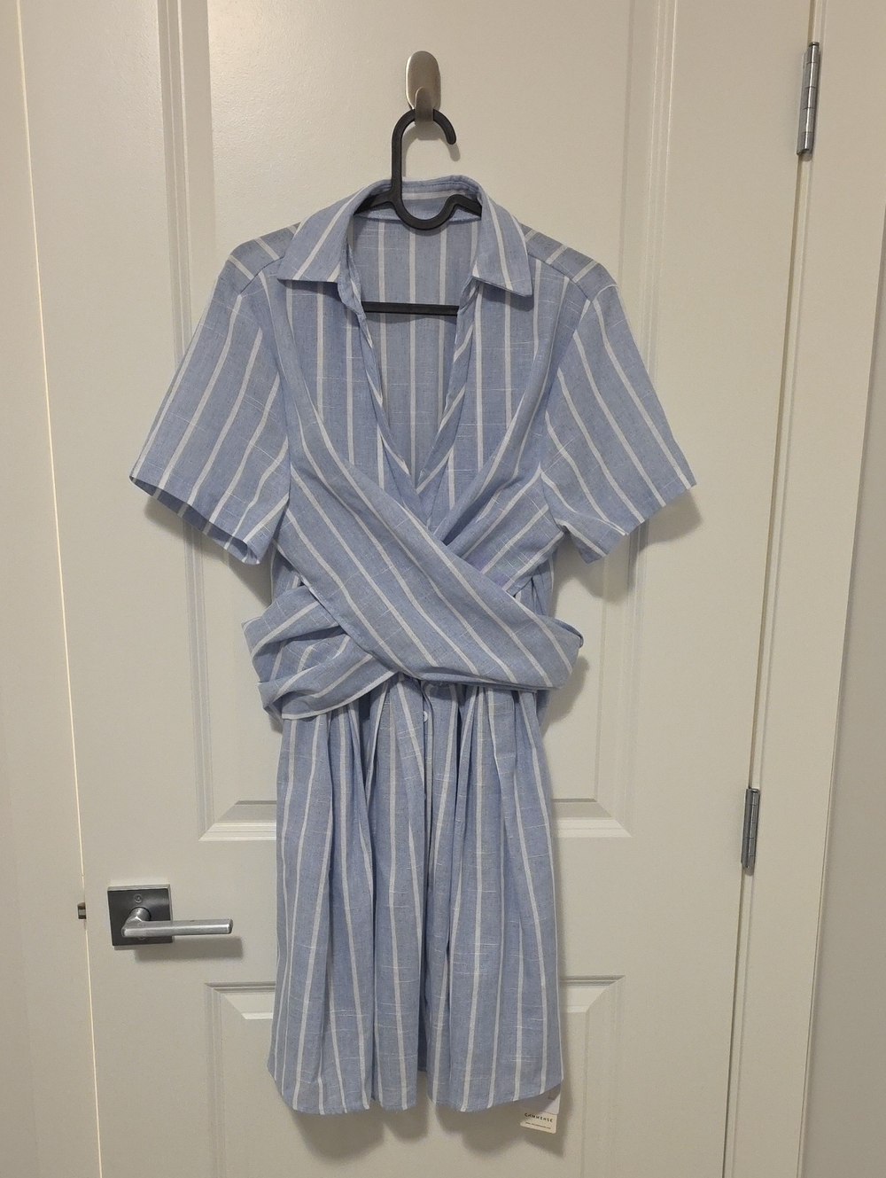 Commense Blue and White Striped Collared Short Wrap Dress